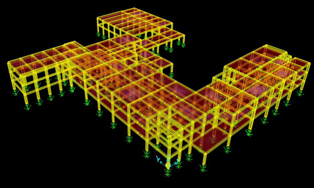 Modello di calcolo strutturale 3D del Polo Didattico Roncalli–Levi per adeguamento sismico con isolamento alla base (Friction Pendulum)